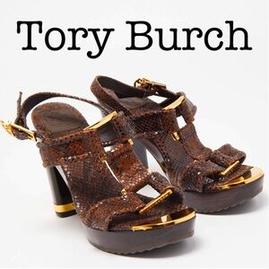 Tory Burch Brown Snakeskin Platform Heels with Gold Hardware